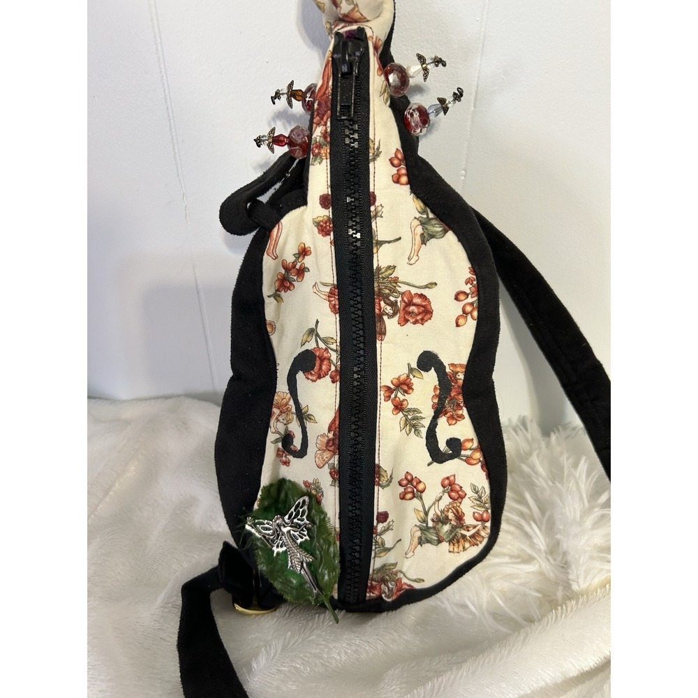 Whimsical Violin Fairy Floral Crossbody Bag Black Velvet Novelty Purse